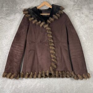Colebrook Classics Faux Suede Jacket Womens Medium Brown Fur Trim Hooded Y2K